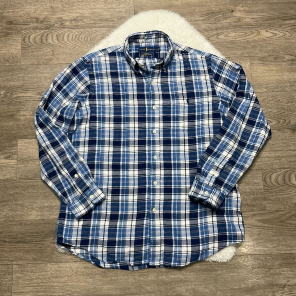 Ralph Lauren Blue and White Plaid Casual Button Down Shirt